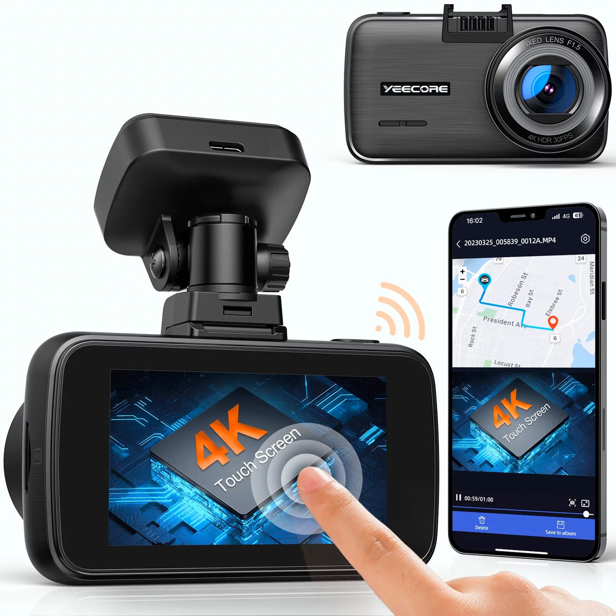 WiFi G-Sensor, Dash Camera for Mini Vision, 4K Cam, Support Recording, YEECORE Inch, UHD GPS, Car Loop 2.45 Dash 2160P Super Touch with Camera Screen Monitor, 256GB Night Parking HDR, Cars Max Front,