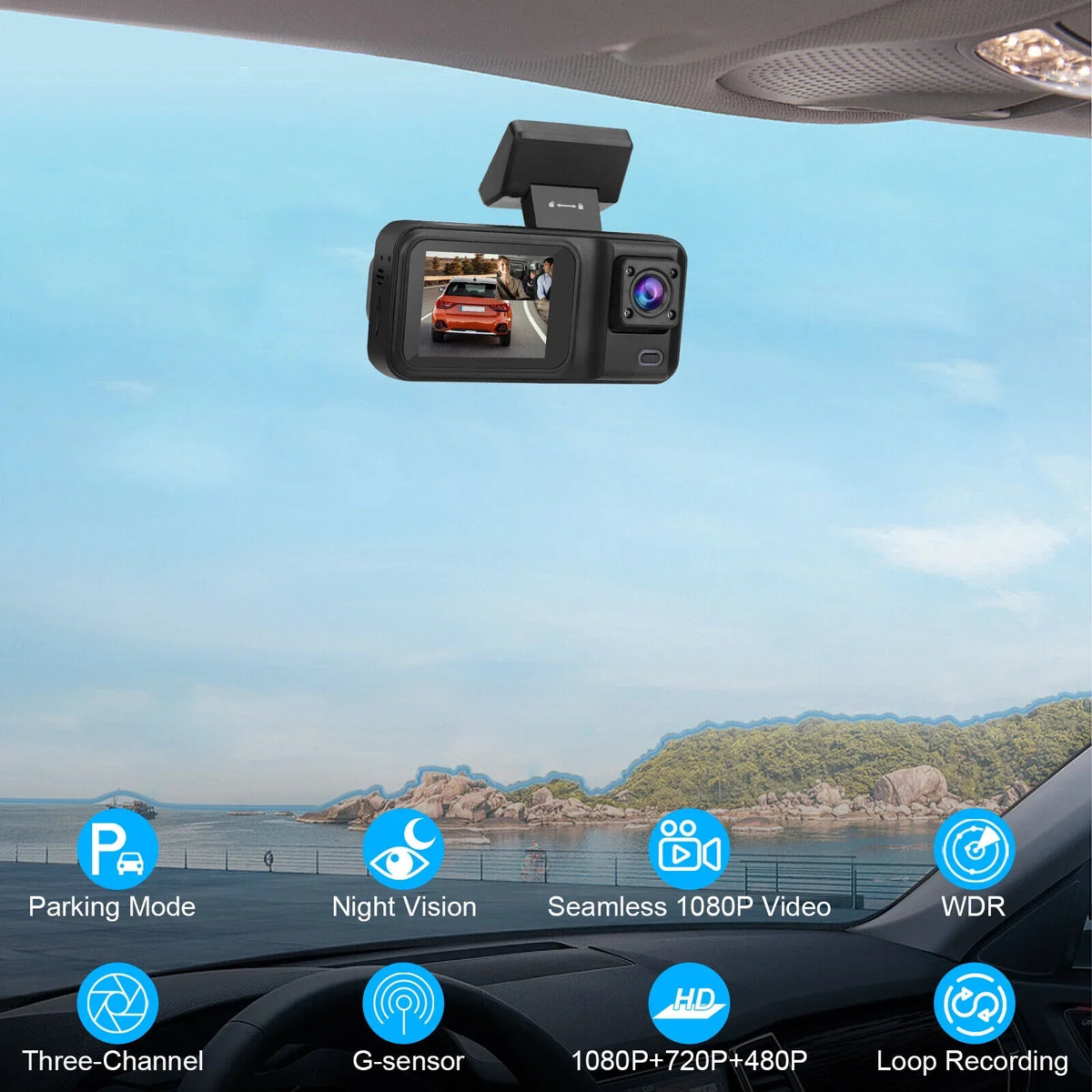 Channel Camera HD Lens 1080P Dual 2" G-sensor Car Dash 170° Video Recorder 3 Cam
