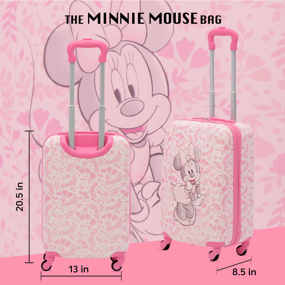 On Wheels, Floral 21 Pink Kids Disney Rolling - Carry Suitcase Minnie with Mouse Hardshell Inch Luggage,