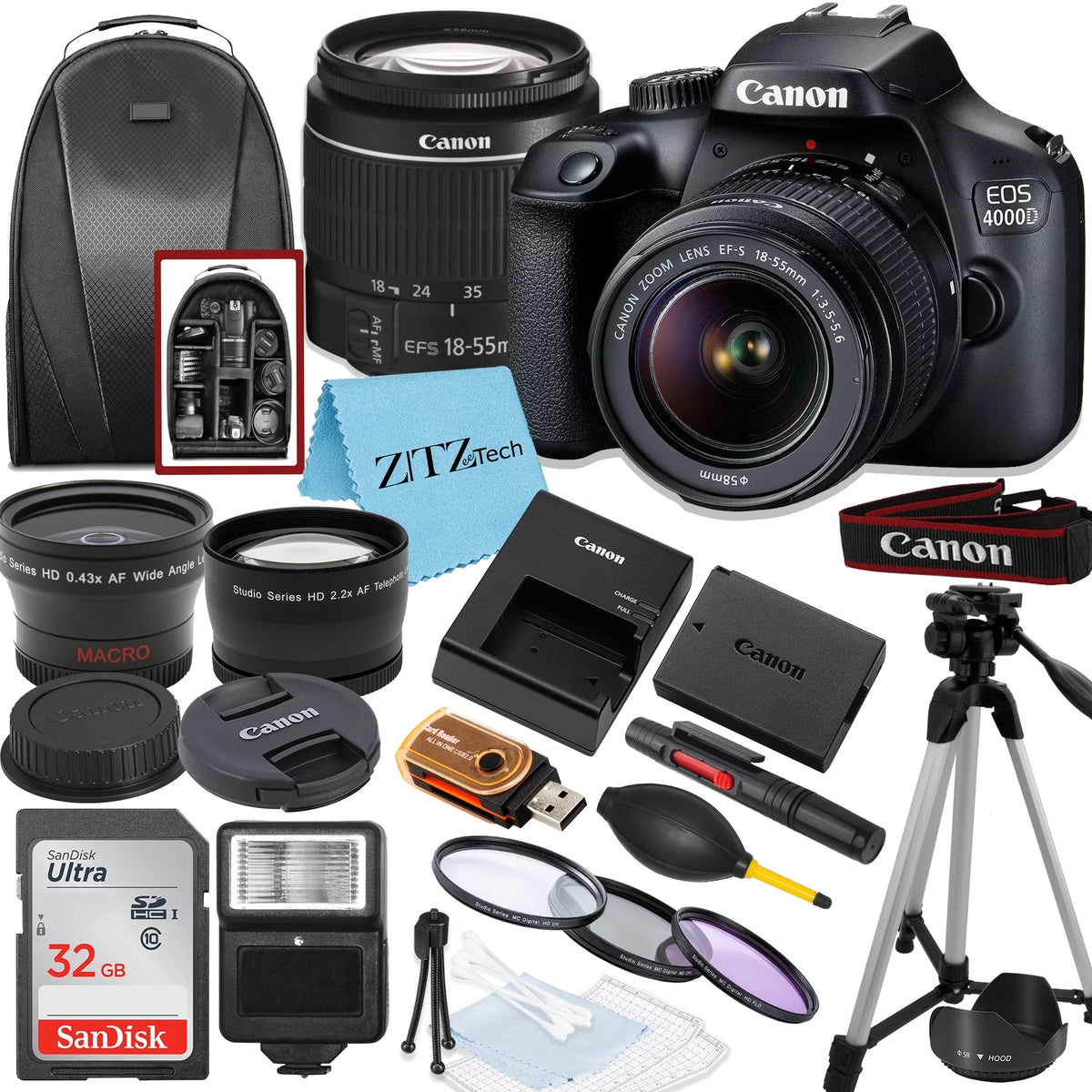 32GB T100 Lens, SanDisk ZeeTech EOS with and Bundle Backpack Rebel Tripod, 18-55mm DSLR 4000D Canon Camera Memory, /