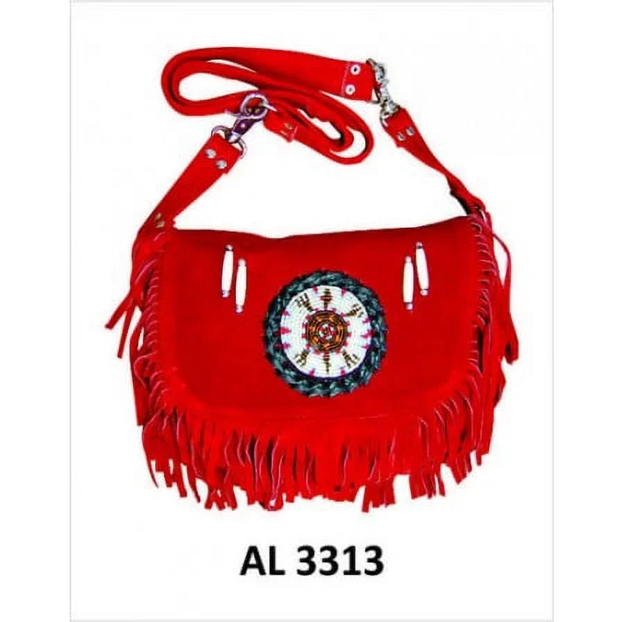 Cowhide Handbag Suede design Leather Motorcycle Beads,Bones Fringe Red Fashion & Western Ladies Heavy With Duty