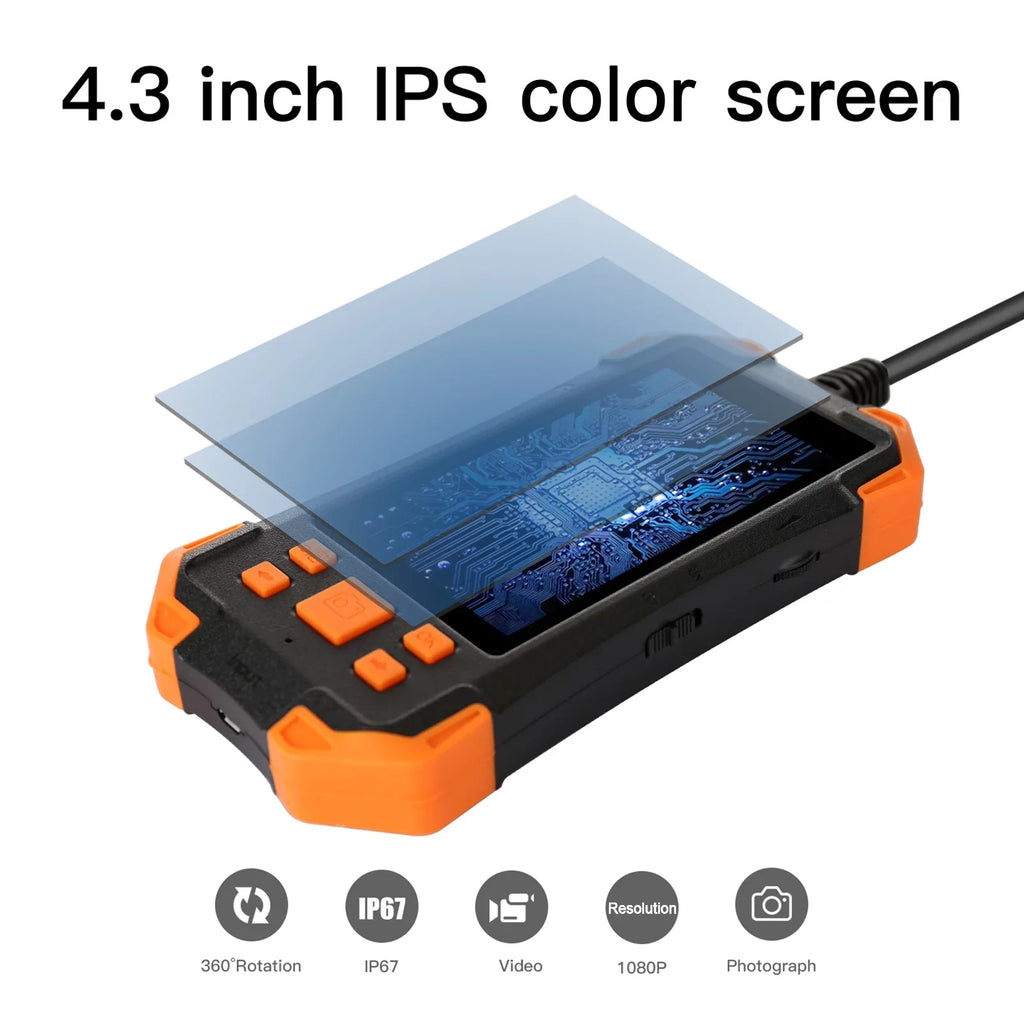 Camera Dual Lens Semi-rigid for Waterproof Automobile Probe/ with Borescope IP67 Inspecti Inspection Light/ Slot Cable/ IPS 4.3 1080P Card LED 7.9mm Industrial TF Pipeline Screen Inch with