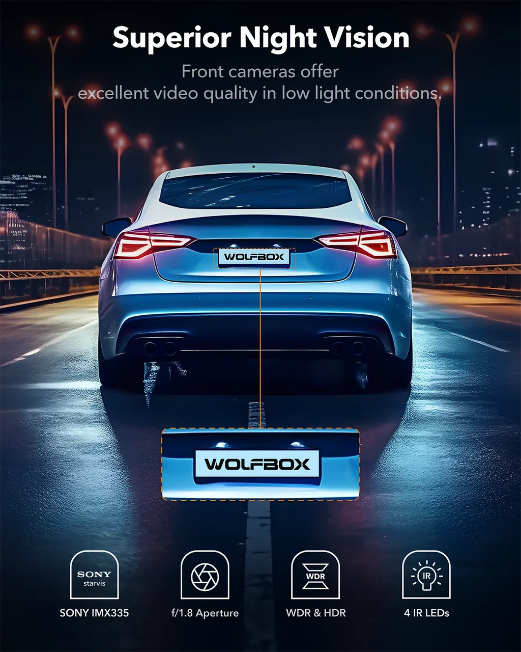 Super LCD Night Dash Vision, Built-in GPS, and UHD Dash IR with Dash Front 64GB Camera Camera 4K Cam 5G Dual Rear, 3" Vehicle Cam Car WiFi 4K+2.5K WOLFBOX Card, with