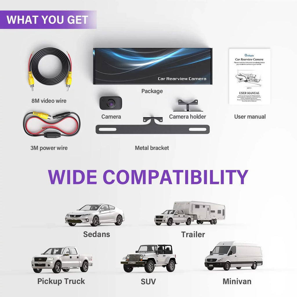 Backup Rear Camera, Rear Camera ERT11 Car SUV eRapta Pickup Front Truck View Plate License HD Reverse Van for RV Camera