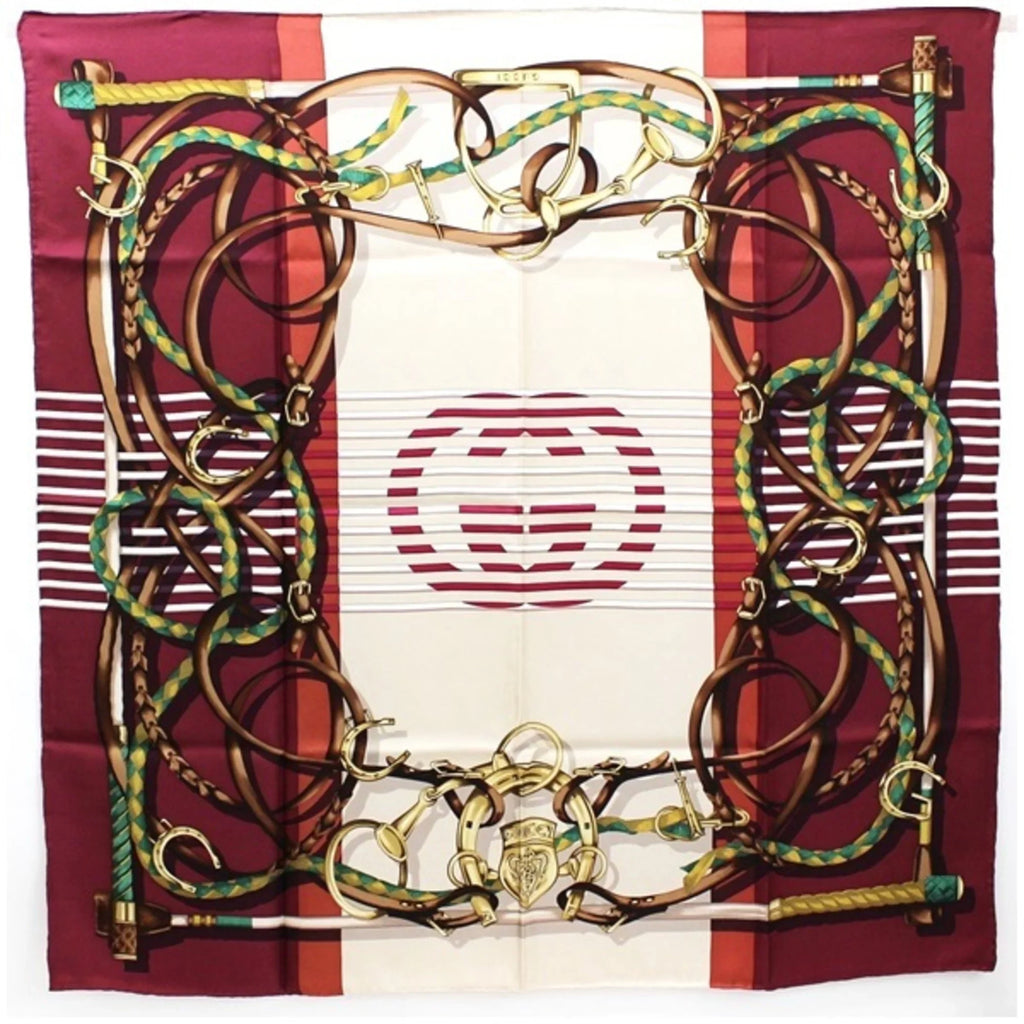 Scarf Beige Interlocking Bordeaux (Good) Pre-Owned Women's x Muffler Pattern Silk