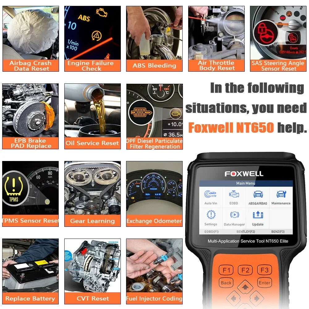 OBD ABS Reader TPMS NT650 Battery Reset Light Oil Scanner DPF EPB OBD2 EPS Automotive Elite Car FOXWELL Air II Code TPS with Registeration SAS Bag
