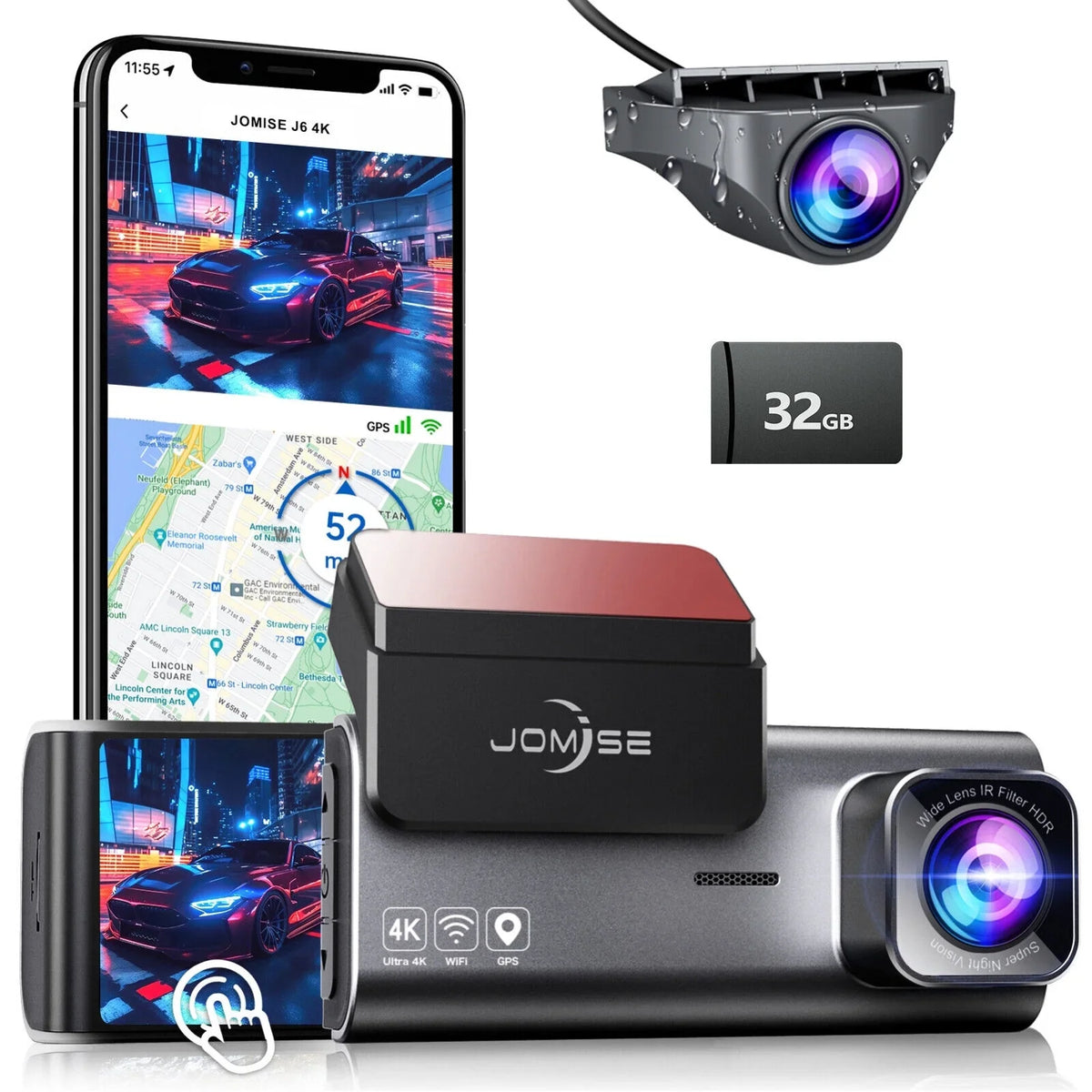 JOMISE 170° Dash Cam 4K Night Rear Vision GPS Front G-Sensor Wi-Fi Full HD Cars Camera Dual