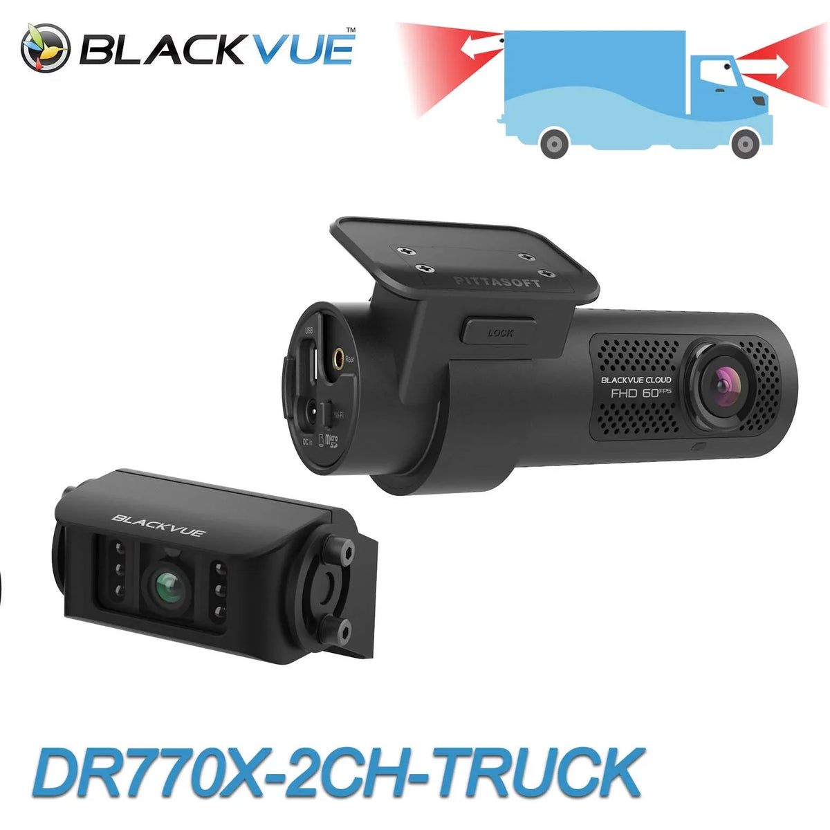 BlackVue 1080p DR770X-2CH-TRUCK Front & 60FPS Card 64GB + With WiFi GPS Dash Cam Waterproof Exterior Cloud-Ready |