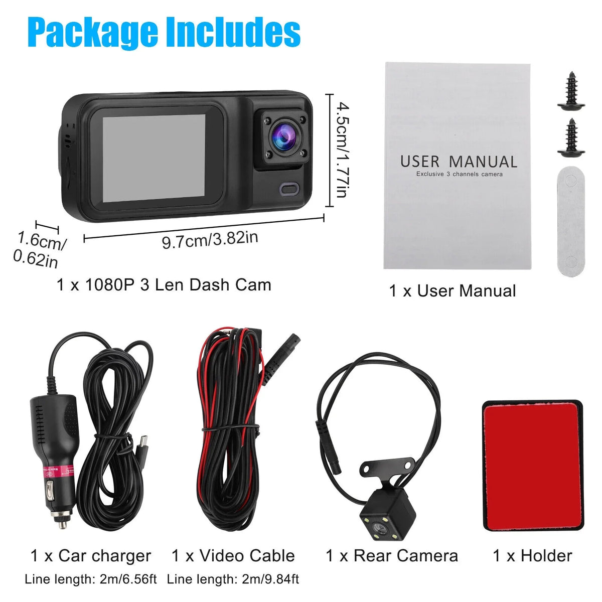 Channel Camera HD Lens 1080P Dual 2" G-sensor Car Dash 170° Video Recorder 3 Cam