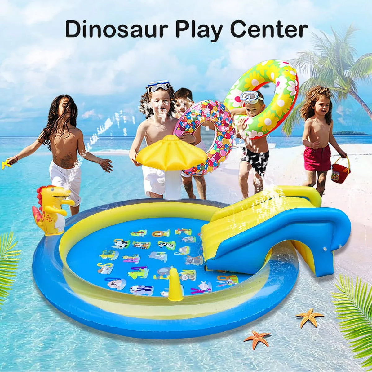 Blue Pools Sprinkle Center x Pool x Backyard 43 Yellow Dinoland for Pool for Sanmadrola Kids with Age 78 Dinosaur Toddler Play 2+ Cute Indoor, Wading exterior Kiddie Inflatable and 78 Slide Inches,