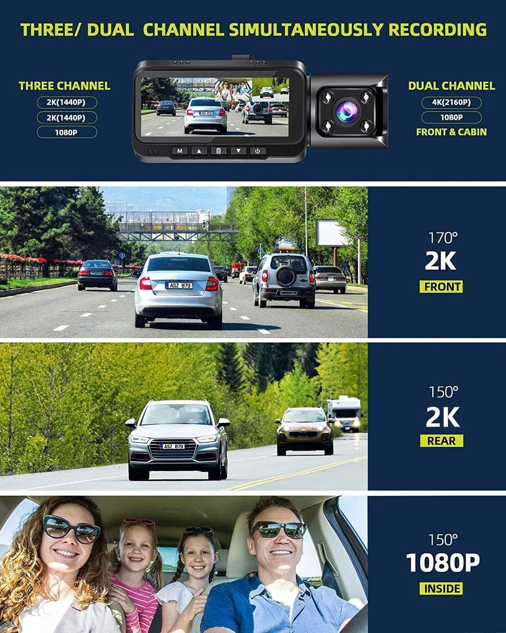 Parking Vision,170° 2K+1080P+2K Dash Wide Emergency Night Rear Angle, Camera 4K 3 Speed IR Inside Lock, TOGUARD GPS Camera Monitor Car WDR, Channel and Front
