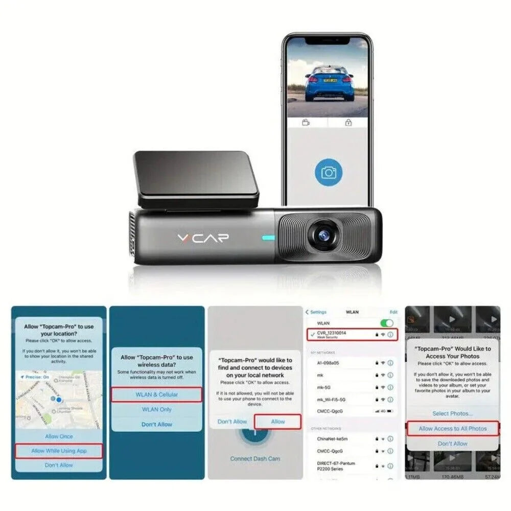 Dash 1440P Support Max, 32G Night Camera VVCAR Vision, Free 128GB Cars Recording, WiFi for Loop Card, Dash Cam G-Sensor, 2.5K Car