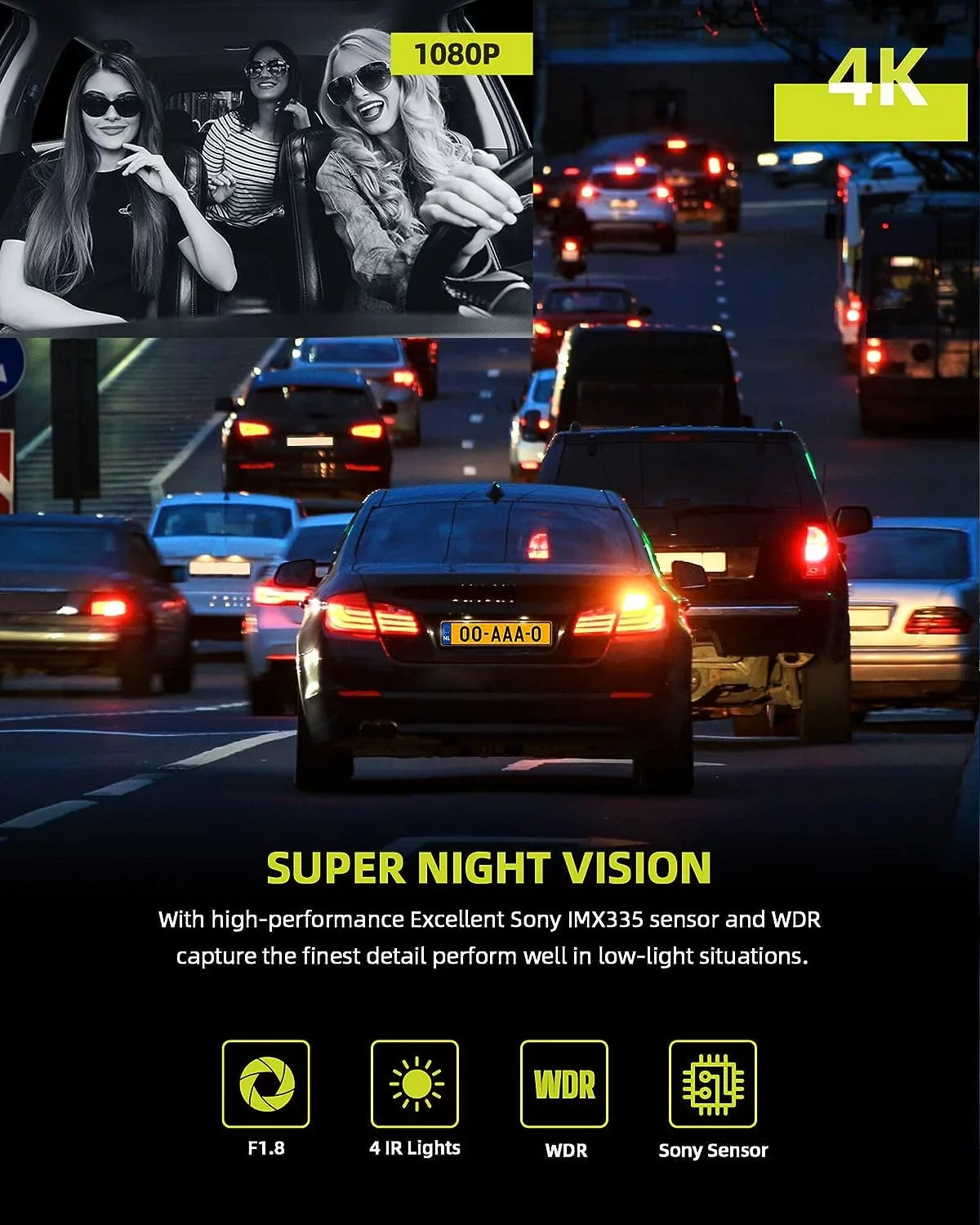 Parking Vision,170° 2K+1080P+2K Dash Wide Emergency Night Rear Angle, Camera 4K 3 Speed IR Inside Lock, TOGUARD GPS Camera Monitor Car WDR, Channel and Front