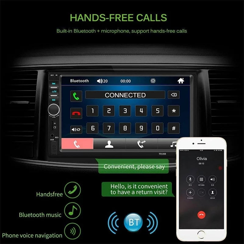 MP3 7" Car Touch Bluetooth Mirror Double Unit Car in-Dash Link/DVR/USB/FM/SD/MIC Screen with Radio LCD Stereo View Control Head +Rear Din Remote Camera& Support