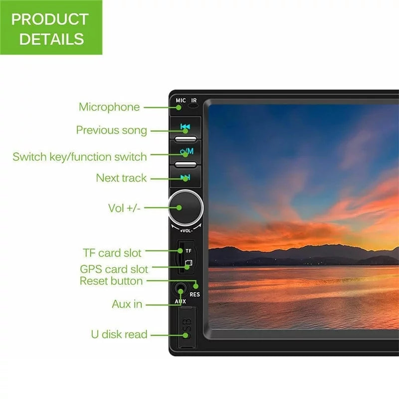 MP3 7" Car Touch Bluetooth Mirror Double Unit Car in-Dash Link/DVR/USB/FM/SD/MIC Screen with Radio LCD Stereo View Control Head +Rear Din Remote Camera& Support