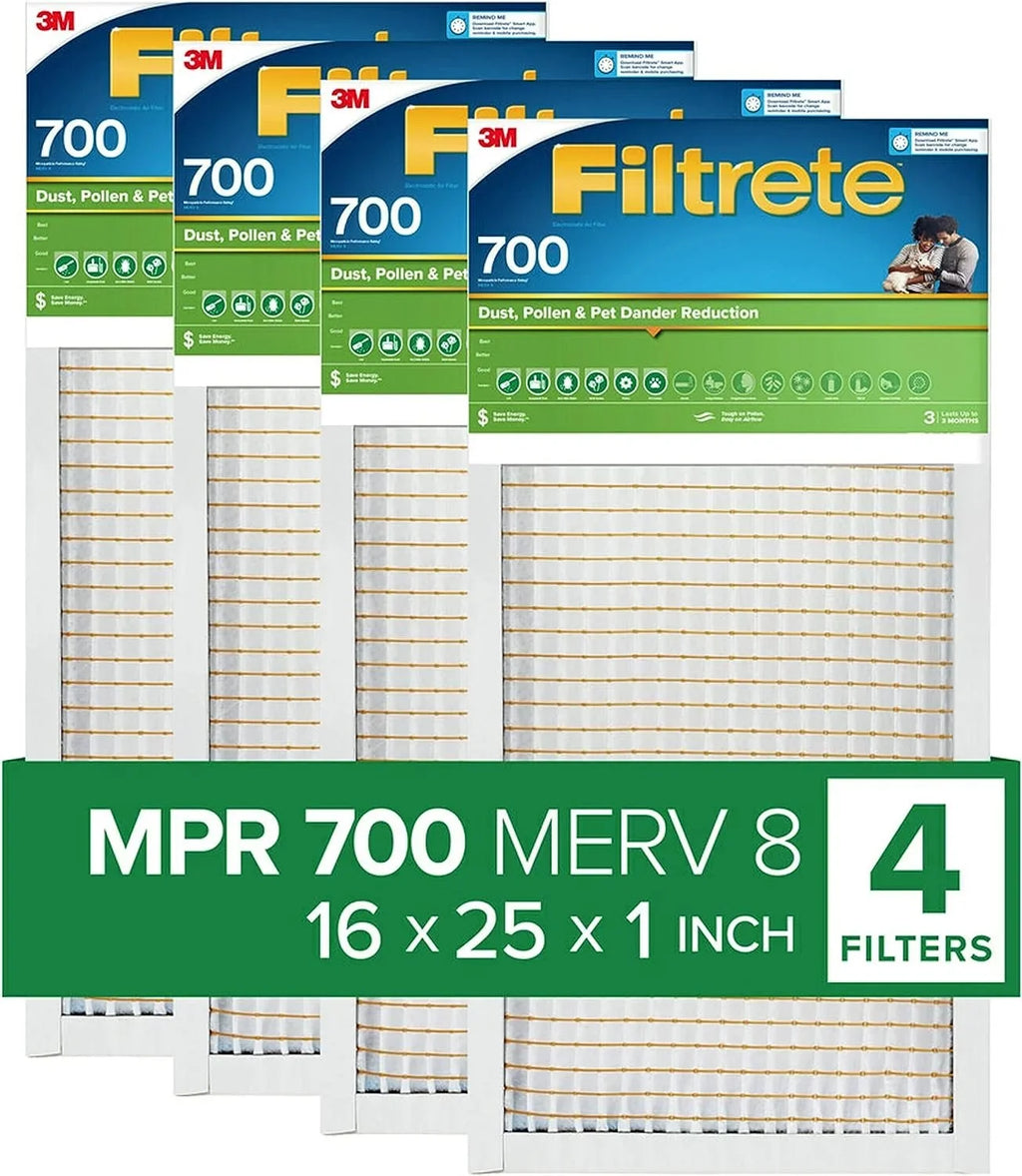 Air Pet Living Filtrete Reduction Air Clean 4 MPR Dander Filters, Filters 16x25x1 8, 700, and 3-Month Pollen Pleated Dust, MERV 1-Inch Filter,