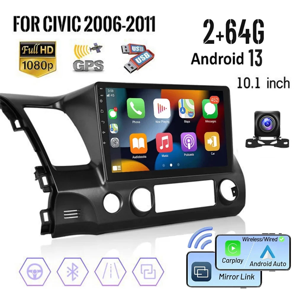Carplay Android 13 2006-2011 Auto WIFI Link Hifi 1080P HD Civic AHD 10'' Radio Car Bluetooth, Mirror Android Camera Stereo GPS 2+64G Backup Touchscreen Honda for Wireless FM Podofo