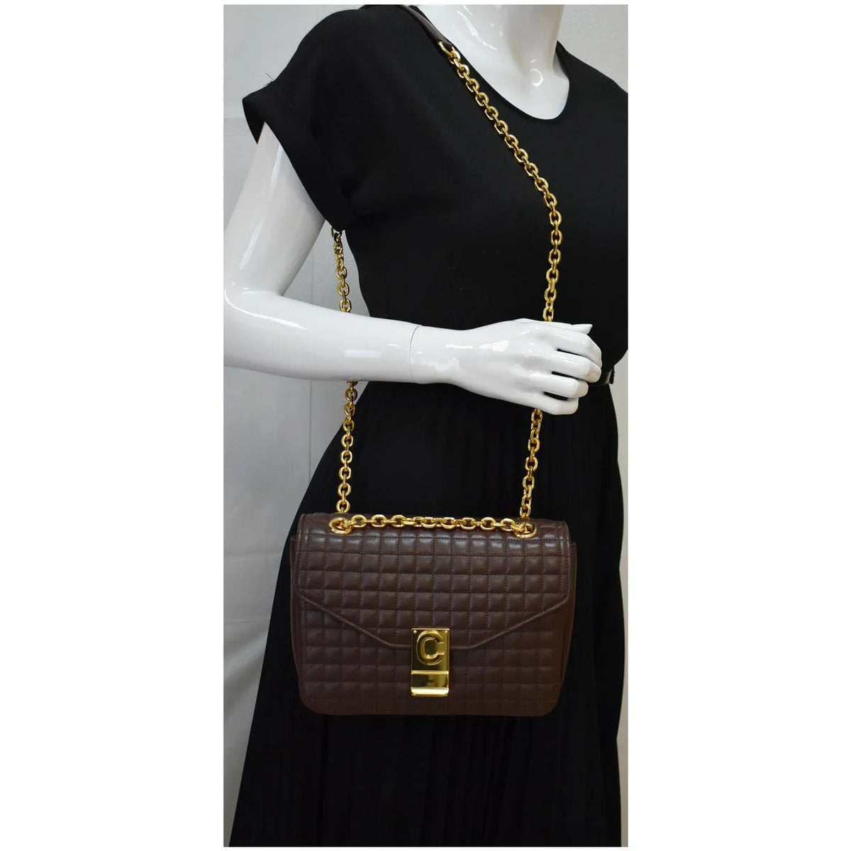 Bag Leather Crossbody Medium Pre-owned Quilted Khaki C CELINE