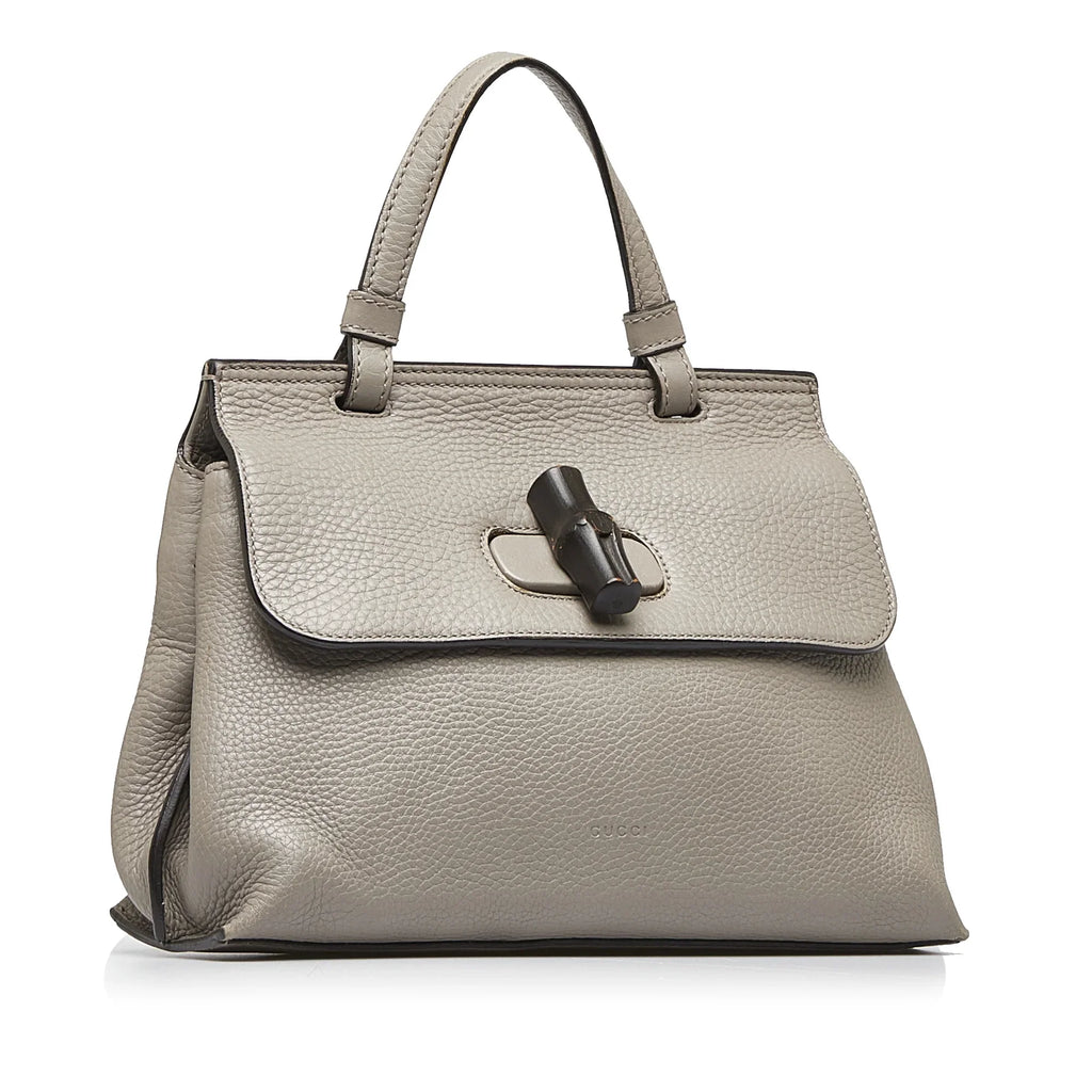 Calf (Good) Authenticated Bamboo Medium Unisex Gray Pre-Owned Leather Daily Satchel