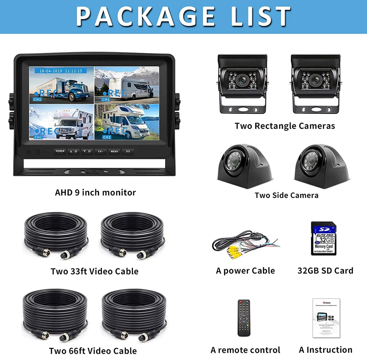 eRapta for Camera Function Waterproof View HD Screens 4 inch Camera 1080P Box RV Quad and Trailer Semi Split Night Truck Rear Side Record 9 IP69 Backup Vision