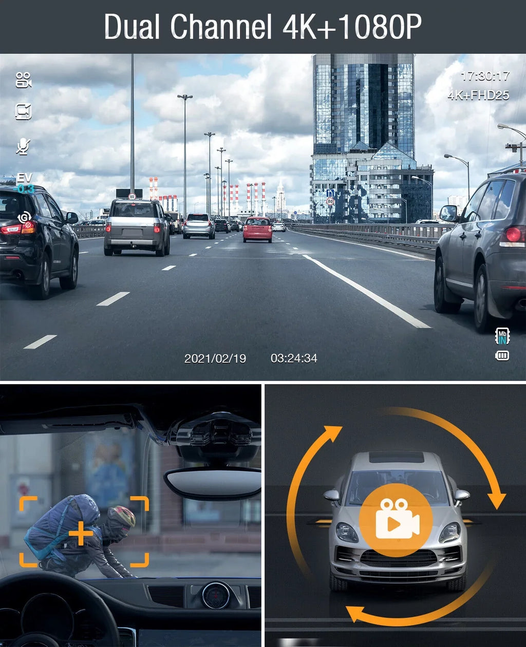 Inside Camera Screen Camera 3" Parking Loop G-Sensor Recording 4K Front Dash Dash Mode and Car 4K+1080P LCD Cam TOGUARD