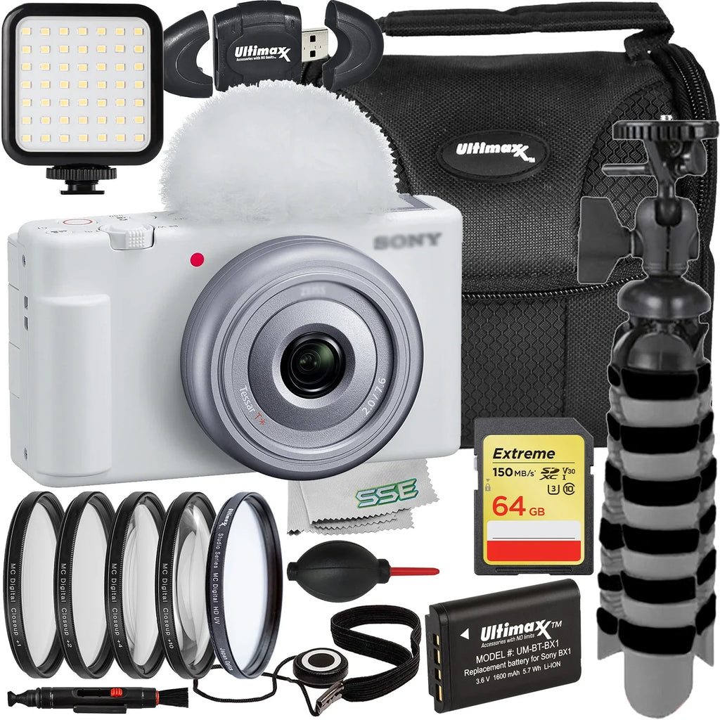 Macro Includes: - Kit, Bundle) Card, ZV-1F 64GB (White) Filter Bundle Essential Close-Up Camera More Memory Battery (20pc & Replacement Extreme 4PC Ultimaxx