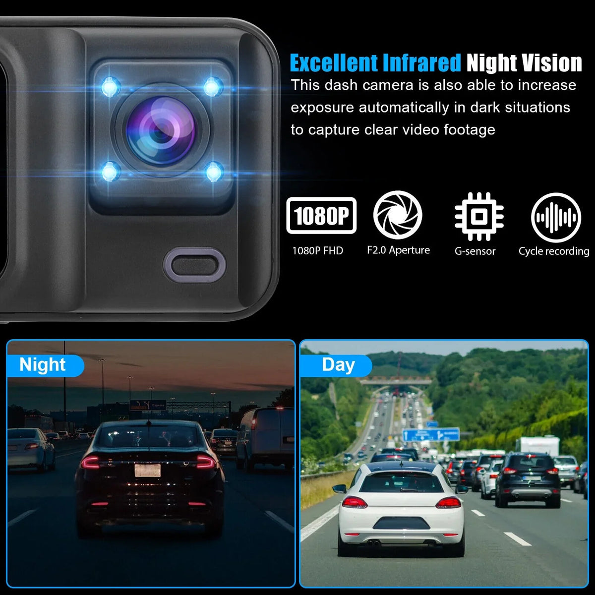 Channel Camera HD Lens 1080P Dual 2" G-sensor Car Dash 170° Video Recorder 3 Cam