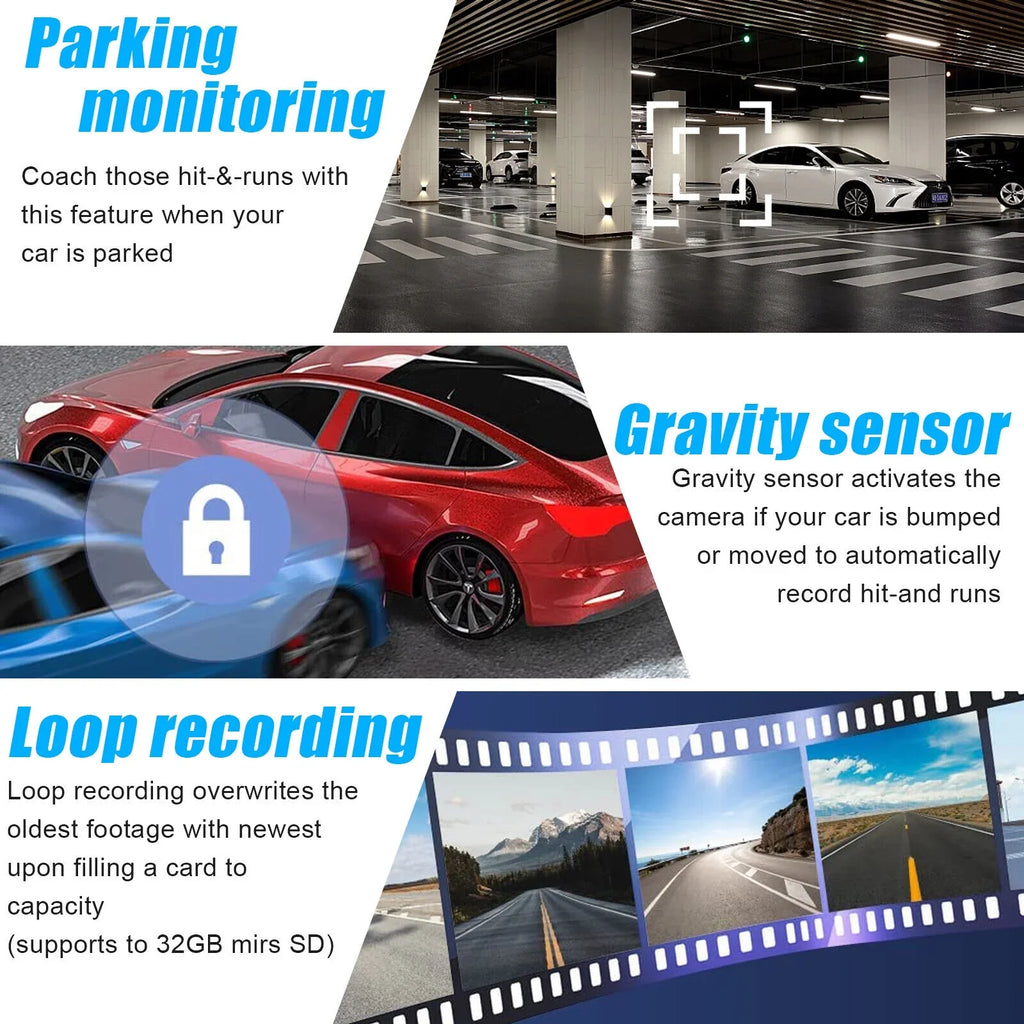 Channel Camera HD Lens 1080P Dual 2" G-sensor Car Dash 170° Video Recorder 3 Cam