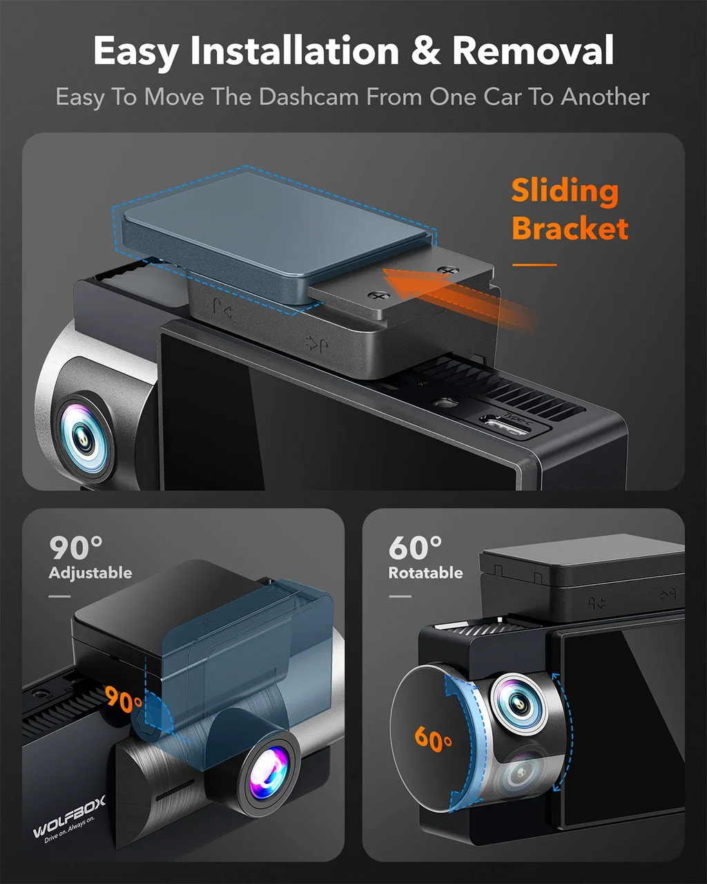 Super LCD Night Dash Vision, Built-in GPS, and UHD Dash IR with Dash Front 64GB Camera Camera 4K Cam 5G Dual Rear, 3" Vehicle Cam Car WiFi 4K+2.5K WOLFBOX Card, with