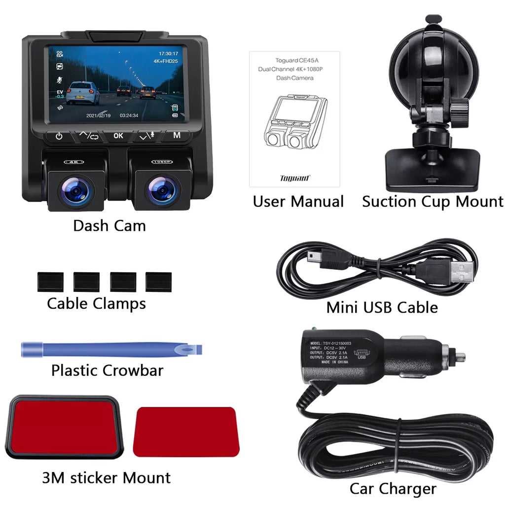 Inside Camera Screen Camera 3" Parking Loop G-Sensor Recording 4K Front Dash Dash Mode and Car 4K+1080P LCD Cam TOGUARD
