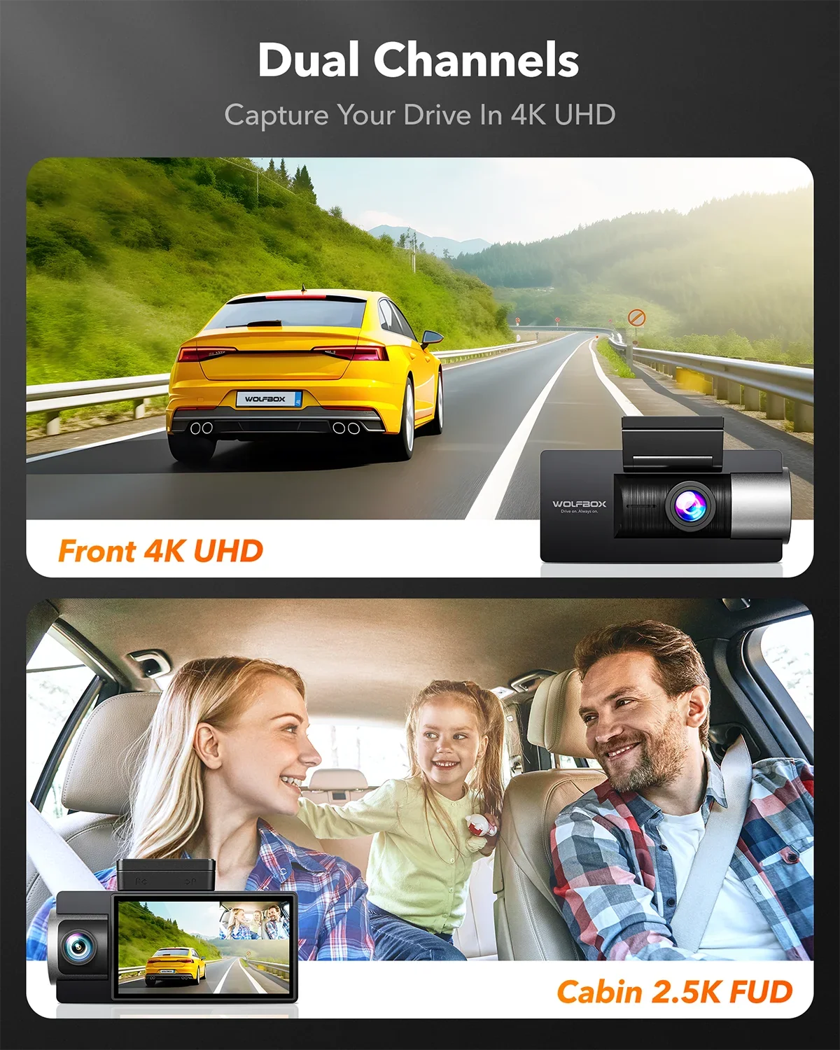 Super LCD Night Dash Vision, Built-in GPS, and UHD Dash IR with Dash Front 64GB Camera Camera 4K Cam 5G Dual Rear, 3" Vehicle Cam Car WiFi 4K+2.5K WOLFBOX Card, with