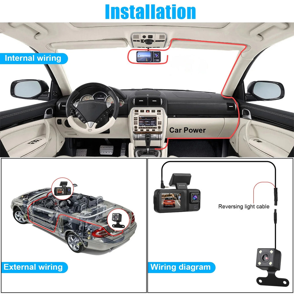 Channel Camera HD Lens 1080P Dual 2" G-sensor Car Dash 170° Video Recorder 3 Cam