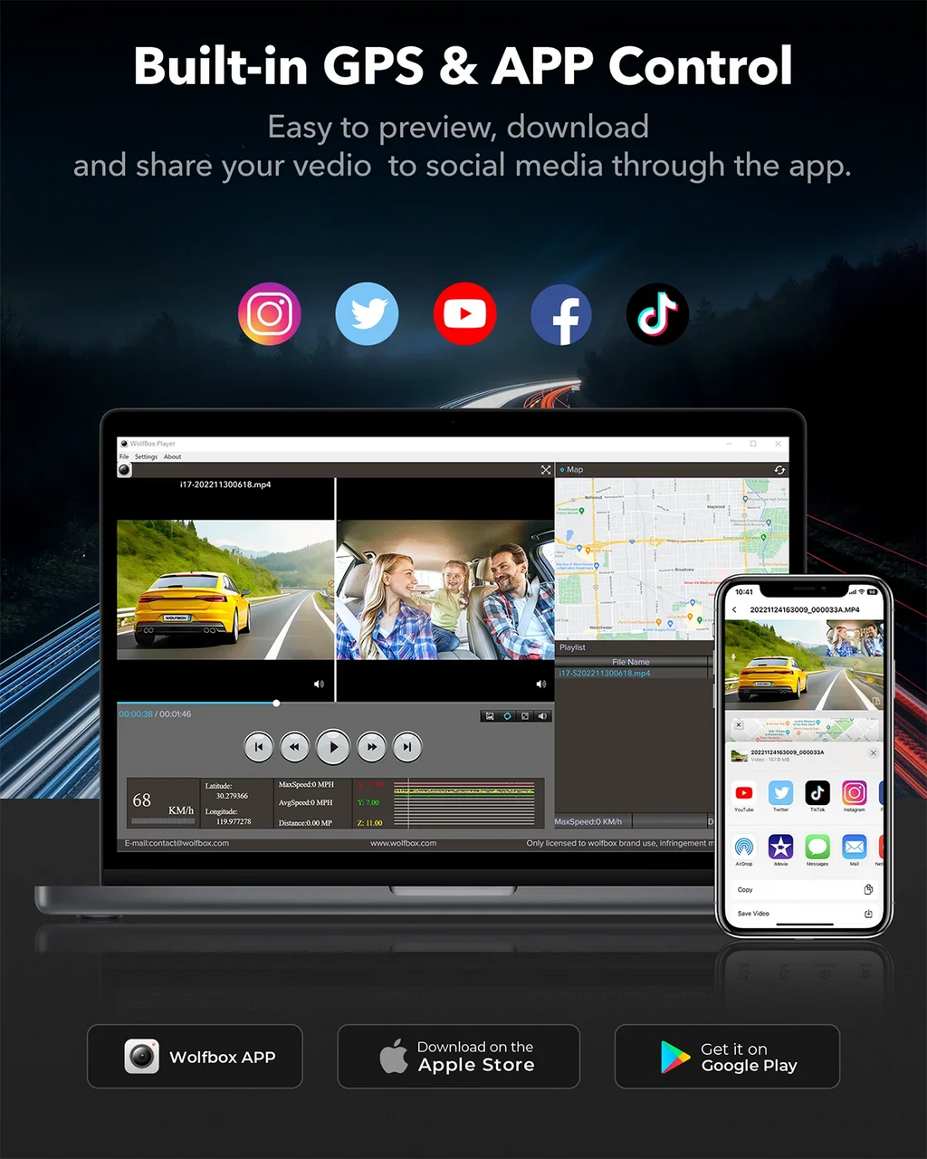 Super LCD Night Dash Vision, Built-in GPS, and UHD Dash IR with Dash Front 64GB Camera Camera 4K Cam 5G Dual Rear, 3" Vehicle Cam Car WiFi 4K+2.5K WOLFBOX Card, with