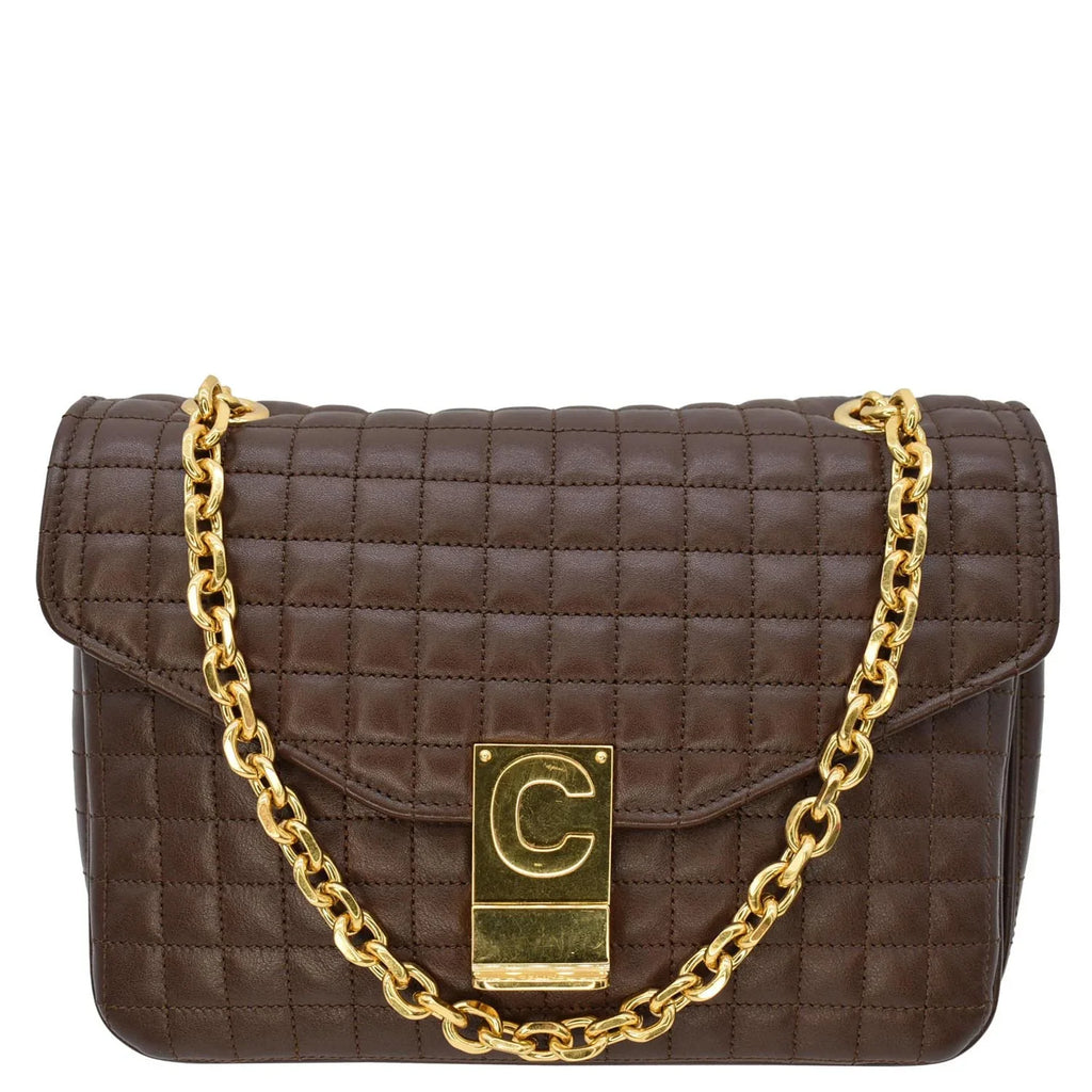 Bag Leather Crossbody Medium Pre-owned Quilted Khaki C CELINE