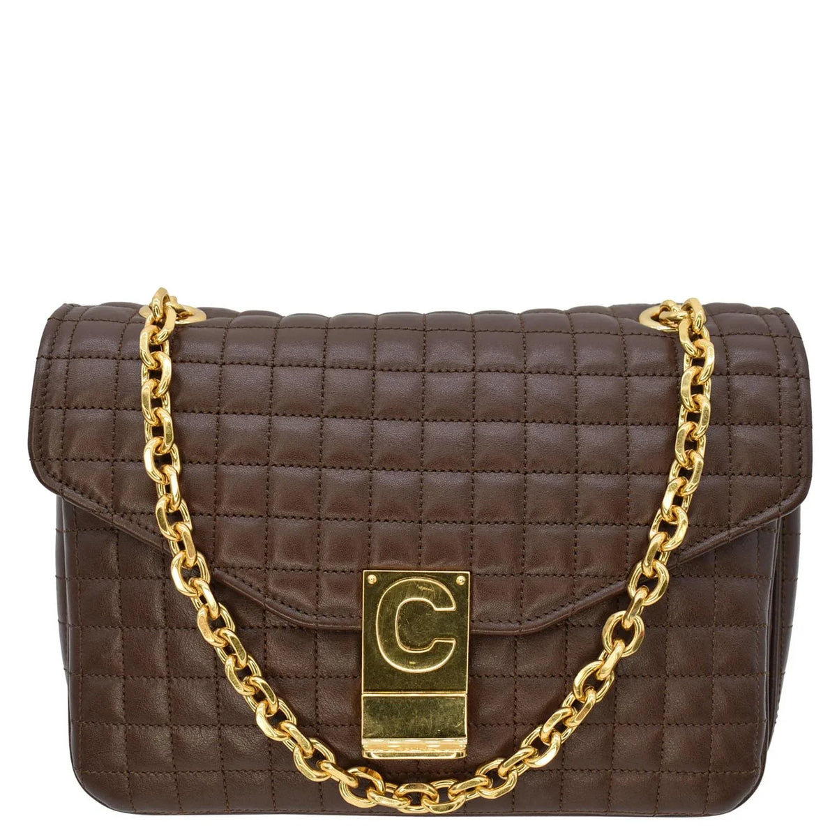 Bag Leather Crossbody Medium Pre-owned Quilted Khaki C CELINE