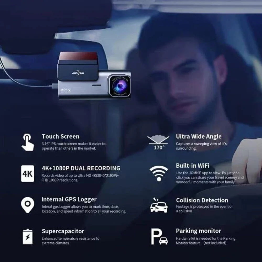 JOMISE 170° Dash Cam 4K Night Rear Vision GPS Front G-Sensor Wi-Fi Full HD Cars Camera Dual