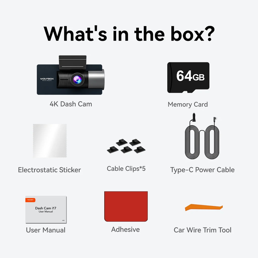 Super LCD Night Dash Vision, Built-in GPS, and UHD Dash IR with Dash Front 64GB Camera Camera 4K Cam 5G Dual Rear, 3" Vehicle Cam Car WiFi 4K+2.5K WOLFBOX Card, with