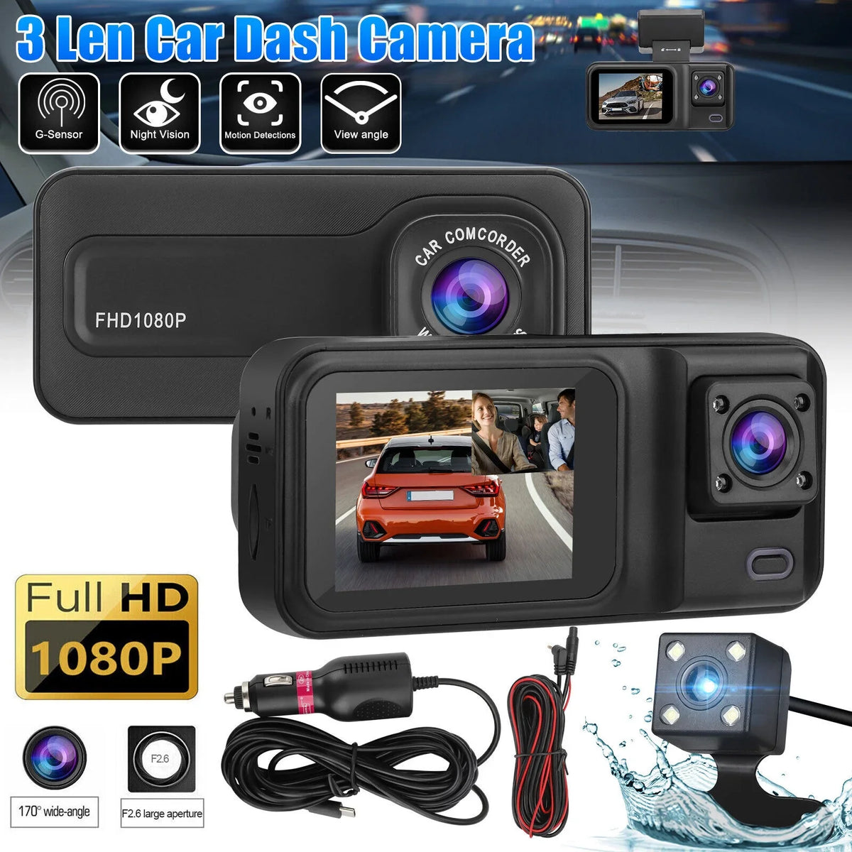 Channel Camera HD Lens 1080P Dual 2" G-sensor Car Dash 170° Video Recorder 3 Cam