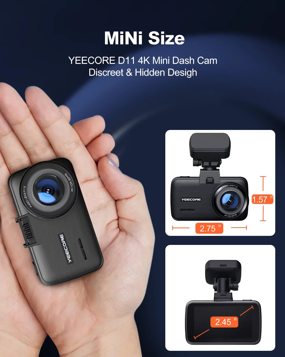 WiFi G-Sensor, Dash Camera for Mini Vision, 4K Cam, Support Recording, YEECORE Inch, UHD GPS, Car Loop 2.45 Dash 2160P Super Touch with Camera Screen Monitor, 256GB Night Parking HDR, Cars Max Front,