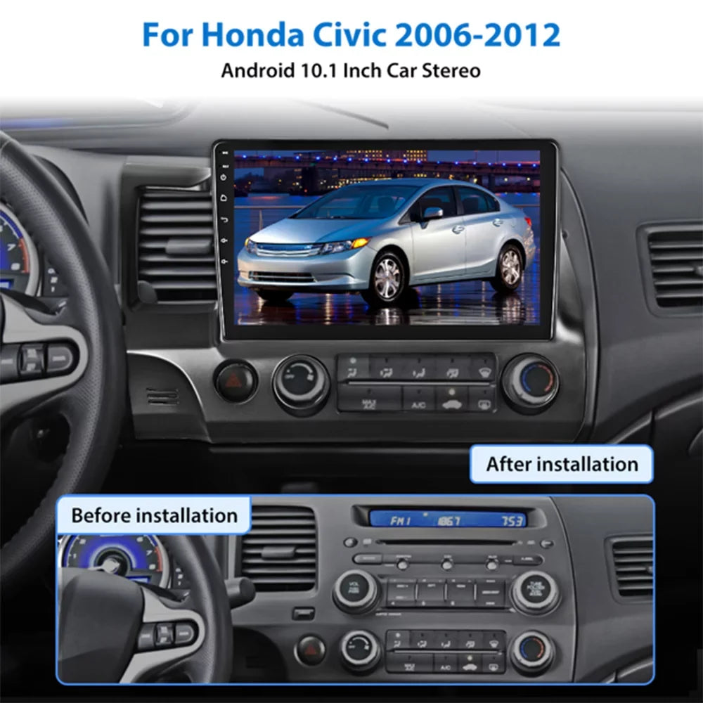 Carplay Android 13 2006-2011 Auto WIFI Link Hifi 1080P HD Civic AHD 10'' Radio Car Bluetooth, Mirror Android Camera Stereo GPS 2+64G Backup Touchscreen Honda for Wireless FM Podofo