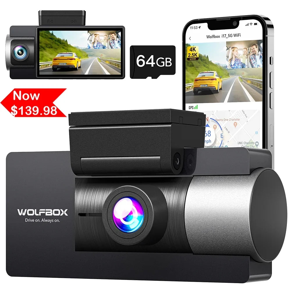 Super LCD Night Dash Vision, Built-in GPS, and UHD Dash IR with Dash Front 64GB Camera Camera 4K Cam 5G Dual Rear, 3" Vehicle Cam Car WiFi 4K+2.5K WOLFBOX Card, with