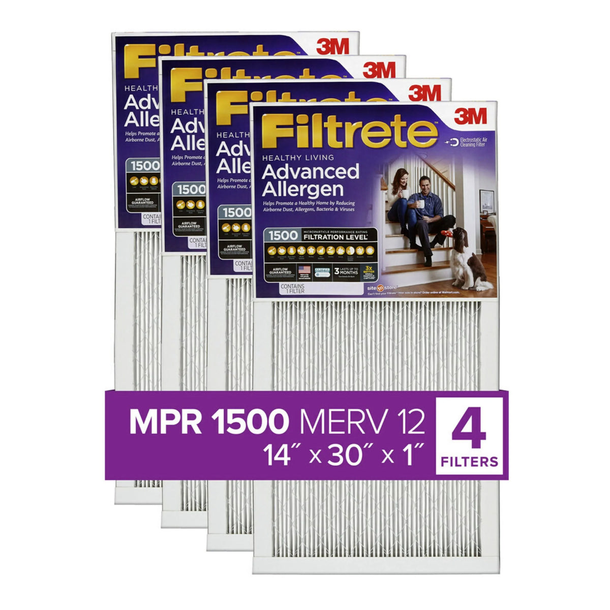 Air Reduction, Allergen 12, MPR Filtrete 14x30x1 Filters Advanced MERV 1500 Filter, 4