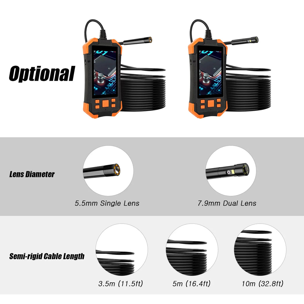Camera Dual Lens Semi-rigid for Waterproof Automobile Probe/ with Borescope IP67 Inspecti Inspection Light/ Slot Cable/ IPS 4.3 1080P Card LED 7.9mm Industrial TF Pipeline Screen Inch with