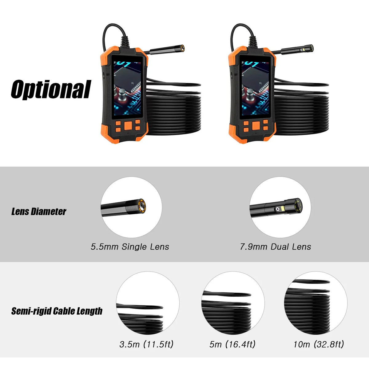 Camera Dual Lens Semi-rigid for Waterproof Automobile Probe/ with Borescope IP67 Inspecti Inspection Light/ Slot Cable/ IPS 4.3 1080P Card LED 7.9mm Industrial TF Pipeline Screen Inch with