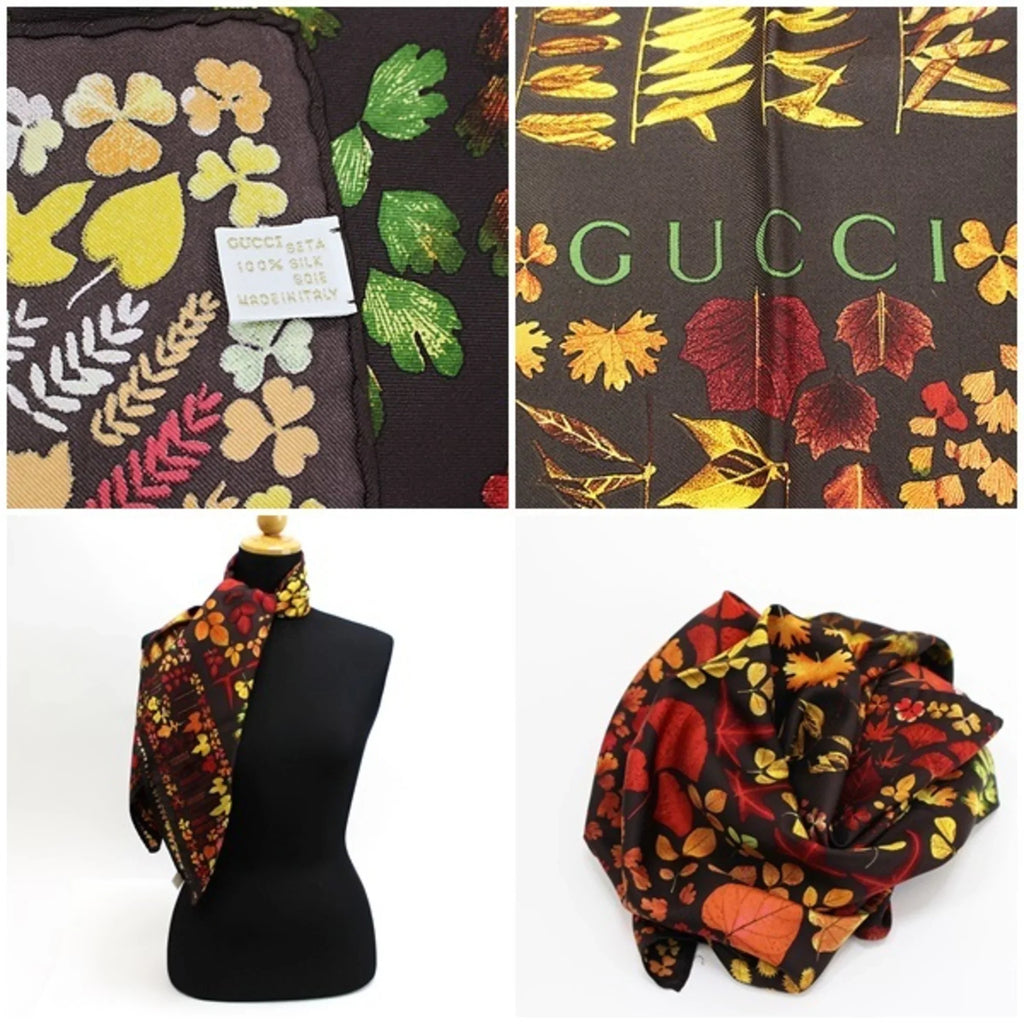 Scarf Pattern Pre-Owned (Good) Ladies Silk Brown | Muffler Stole Leaf Autumn