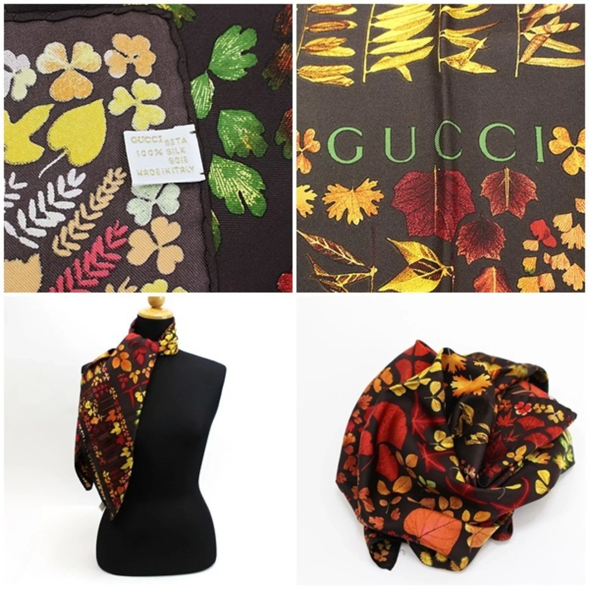 Scarf Pattern Pre-Owned (Good) Ladies Silk Brown | Muffler Stole Leaf Autumn