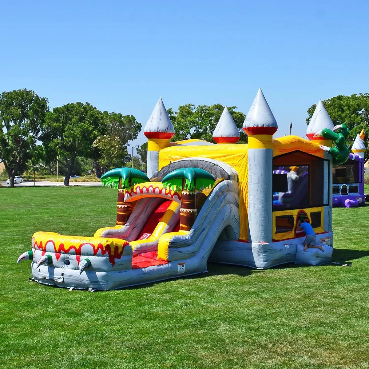 Kids Commercial JumpOrange T-Rex Pool Bounce and liquid and House (with Blower), Adults Slide for Grade