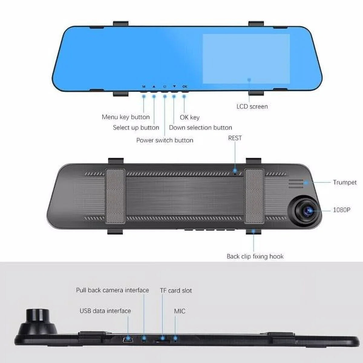 HD Car Front Camera Rearview DVR Video Recorder Dual Cam Dash 1080P Mirror Rear Teledu