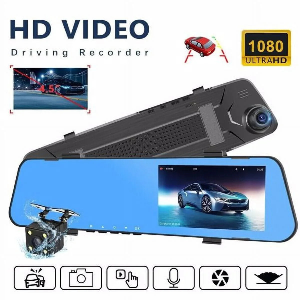 HD Car Front Camera Rearview DVR Video Recorder Dual Cam Dash 1080P Mirror Rear Teledu