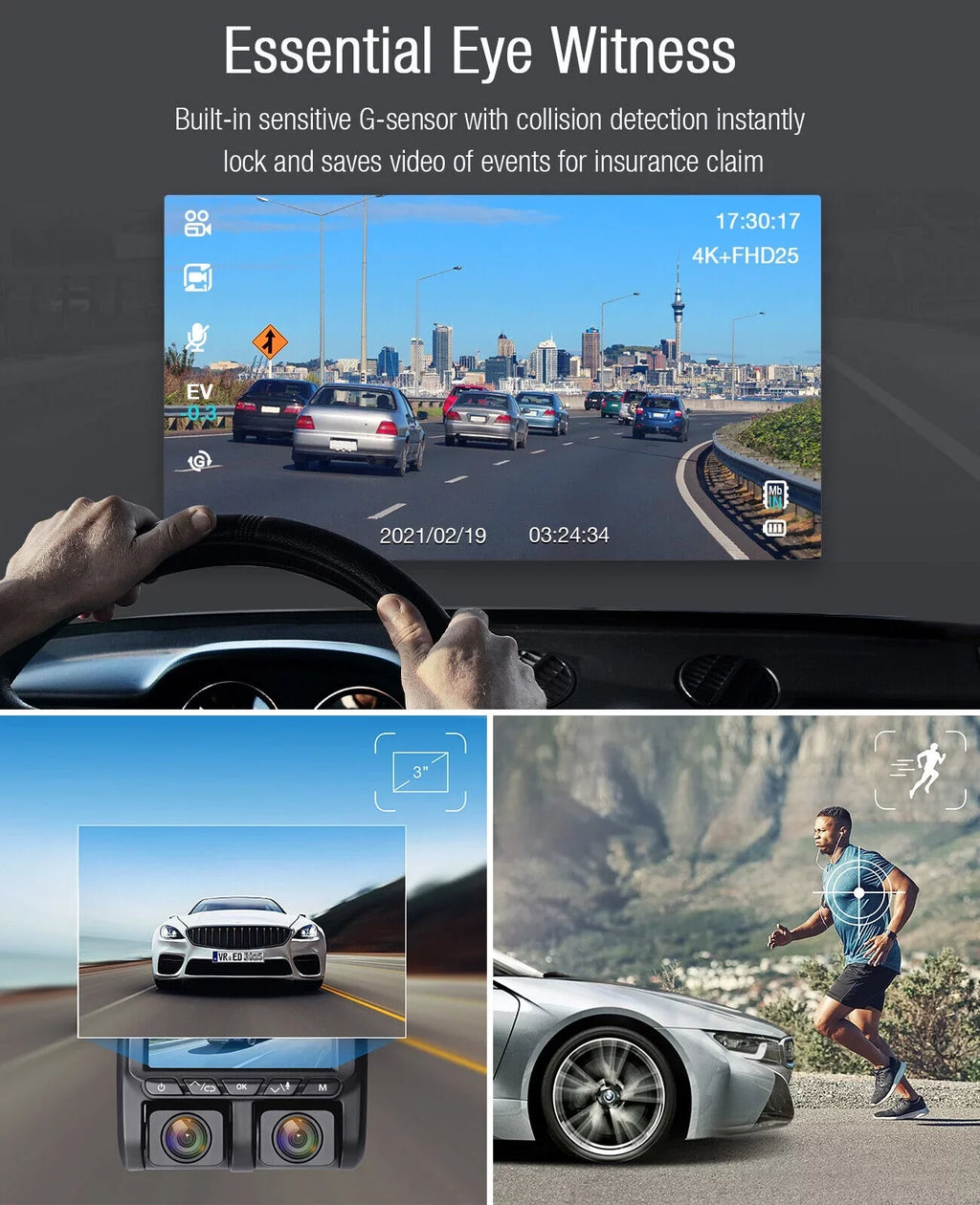 Inside Camera Screen Camera 3" Parking Loop G-Sensor Recording 4K Front Dash Dash Mode and Car 4K+1080P LCD Cam TOGUARD